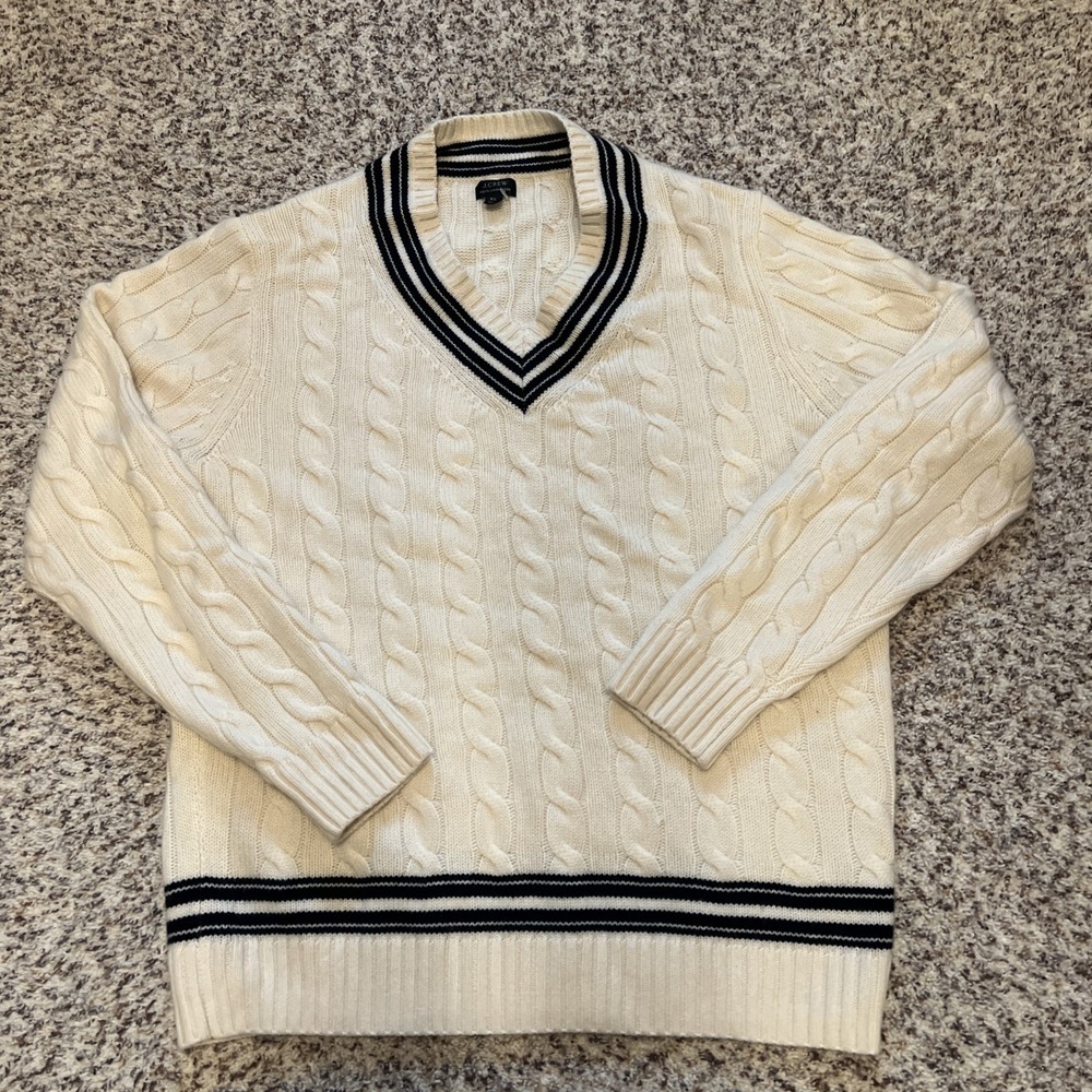J. Crew 100% Cashmere New Ivory Blue Cable-knit V-neck Cricket Sweater - Sz XL